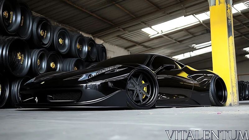 Low-slung black sports car parked in industrial tire warehouse