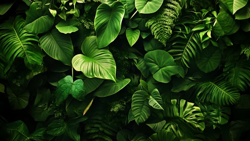 Dense tropical foliage background with layered green leaves.