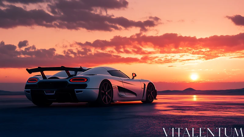 White supercar on open flatland under vivid sunset sky.