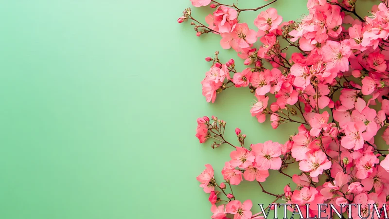 Pink Bloom Cascade: Delicate Flowers Against Mint Serenity.