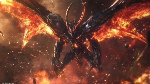 Molten infernal mech with blazing plasma wings in eruption field