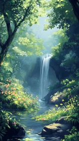Forest waterfall landscape with dense vegetation and water pool