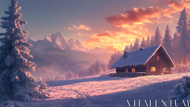 Snowy log cabin under warm sunset in mountain forest.