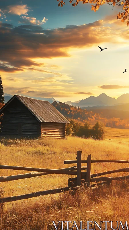 Golden rural cabin at sunset under dramatic sky.
