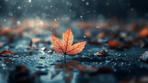Gentle autumn leaf rests softly on rain-kissed pavement