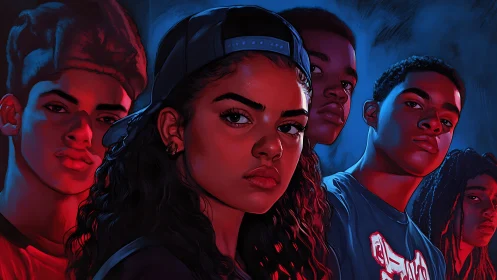 Defiant urban teens stand under neon red and blue light