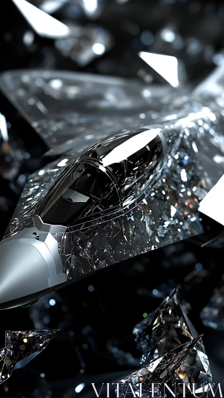 Crystal stealth jet gliding through shimmering stardust.