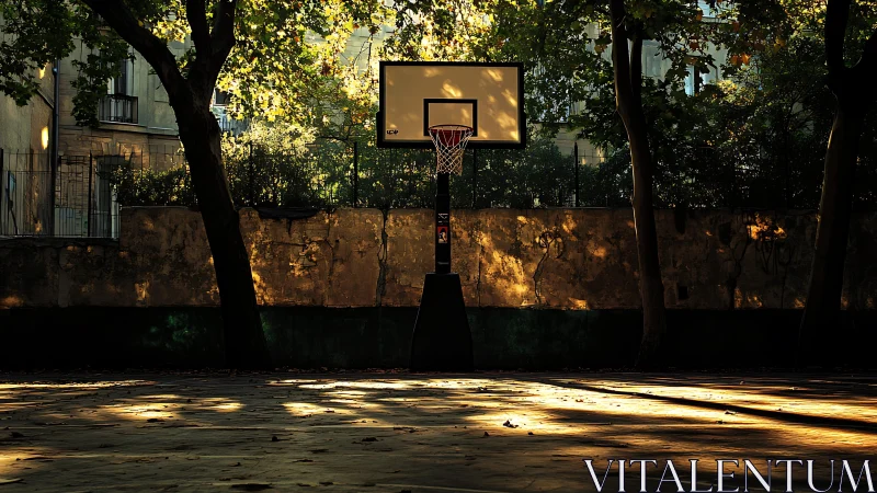 Solitary urban basketball hoop framed by dappled evening light