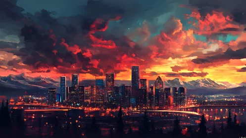 Vibrant sunset skyline contrasts neon-lit city architecture