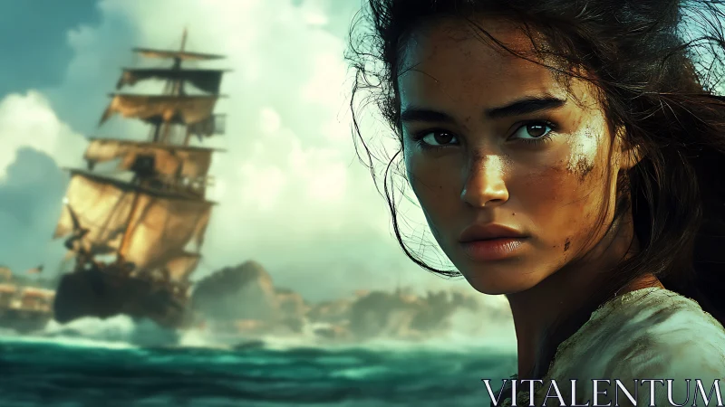 Young sea wanderer watching a storm-tossed tall ship.