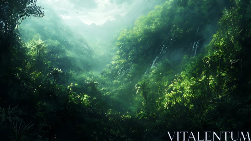 Lush Forest Valley with Misty Waterfalls and Mountain Light