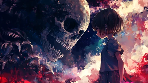 Staring down the void, child confronting colossal skull spirit.