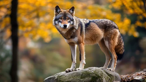Autumn-lit wolf pauses on stone throne of the quiet forest