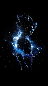 Electric blue anime warrior glowing in a cosmic night.