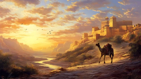 Golden desert sunrise over a tranquil camel and fortress.