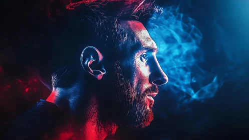 Dual-tone male profile portrait with high-contrast rim lighting and smoke