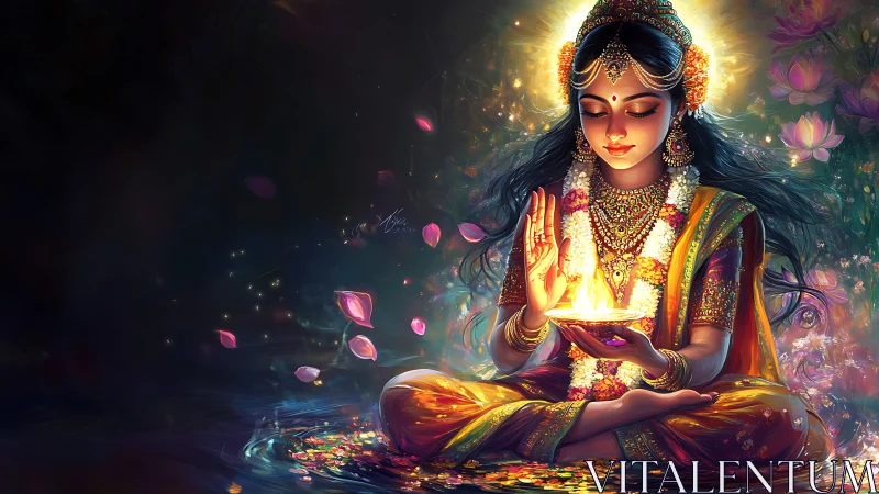 Seated figure holds illuminated diya in ornate digital artwork