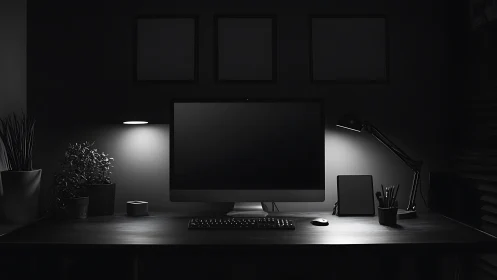 Minimalist monochrome desk with computer and lamps.
