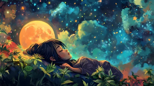 Sleeping girl under chromatic nebula sky and oversized lunar disc