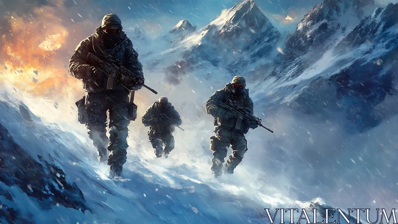 Armed soldiers advancing through harsh snowy mountains.