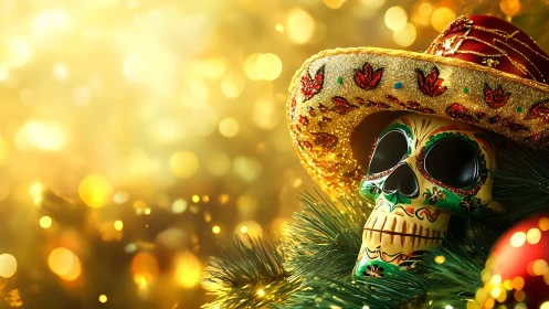 Sugar skull in glittering sombrero amid golden lights.