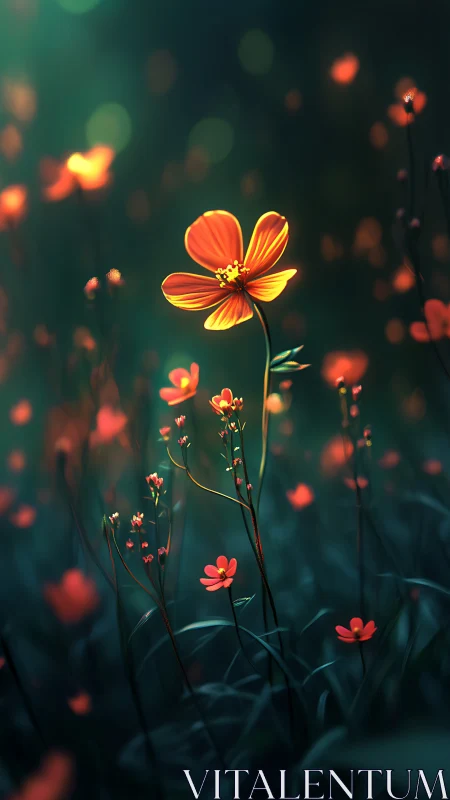 Orange cosmos flowers illuminated against blurred green background
