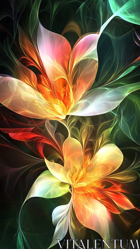 Luminous flame-flowers unfurl in neon swirling bloom.