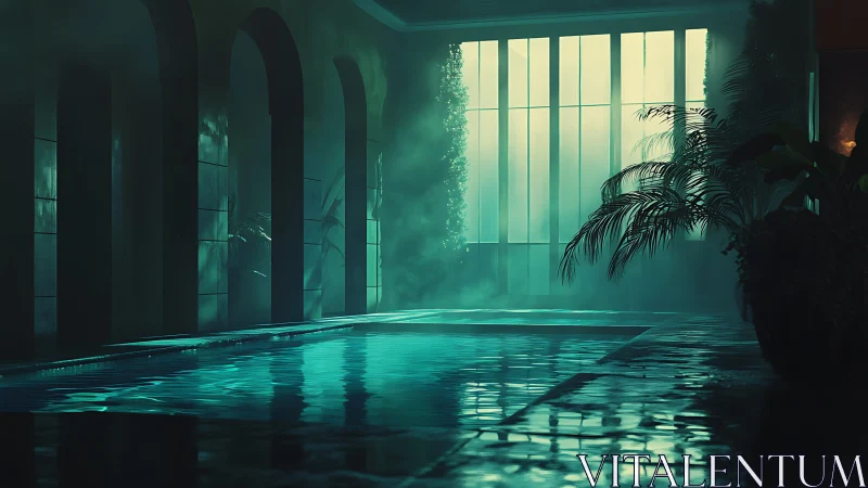 Moody indoor pool glows through mist and tall windows.