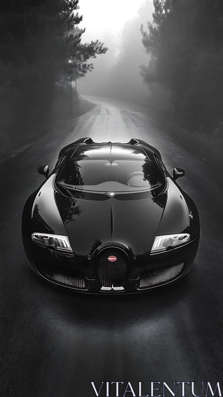 Midnight hypercar prowls a misty forest road in silence.