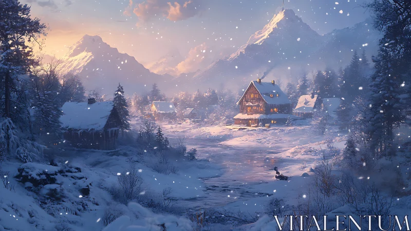 Snowlit cabin glow under towering twilight mountainscape.