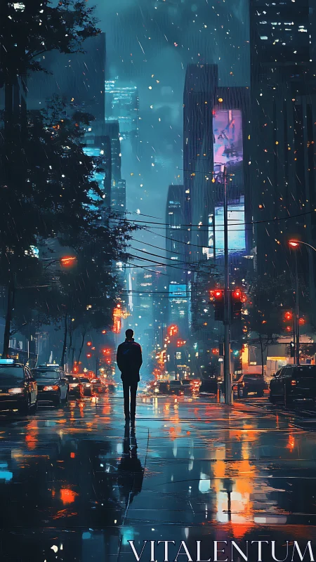 Solitary figure crosses neon city street in cinematic rain