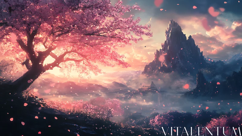 Blossom-draped sunrise valley beneath a dreaming mountain.