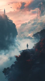 Solitary figure above misty canyon under blazing sky.