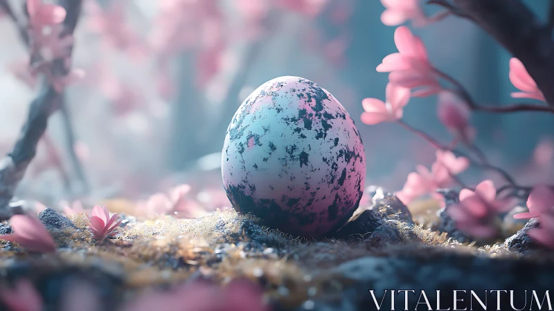 Mystic speckled egg rests in glowing blossom forest