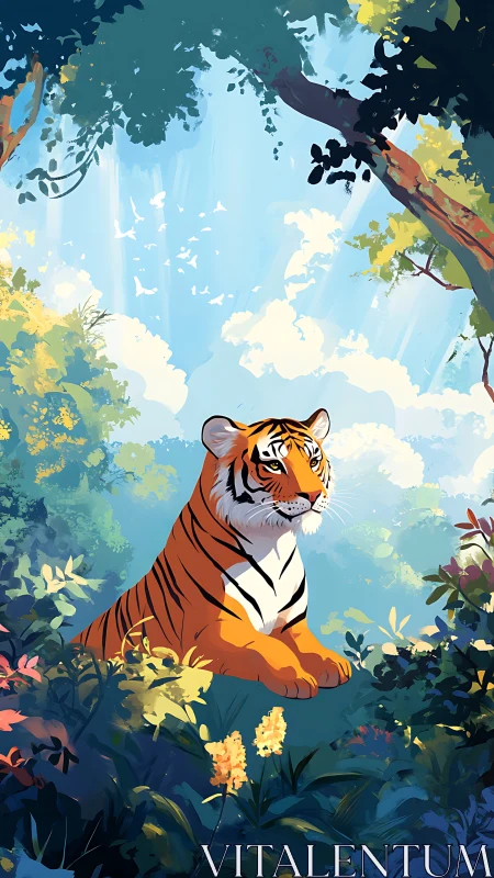 Tiger resting in dense forest clearing under daylight sky.