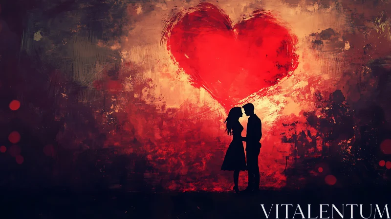 Silhouetted lovers kiss beneath glowing crimson heart.