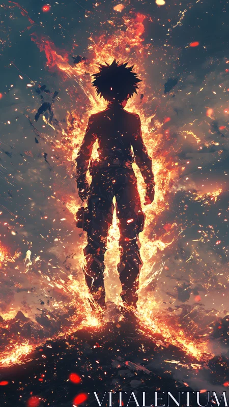 Heroic silhouette glowing with fire and unstoppable courage.