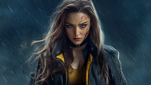 Stormlit warrior portrait shows rain-soaked leather, sharp bokeh field