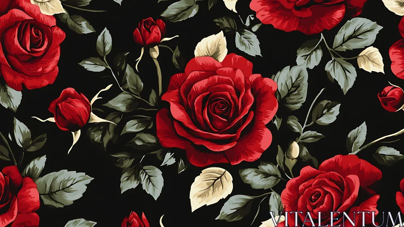 Red Roses with Cream Leaves on Black Background