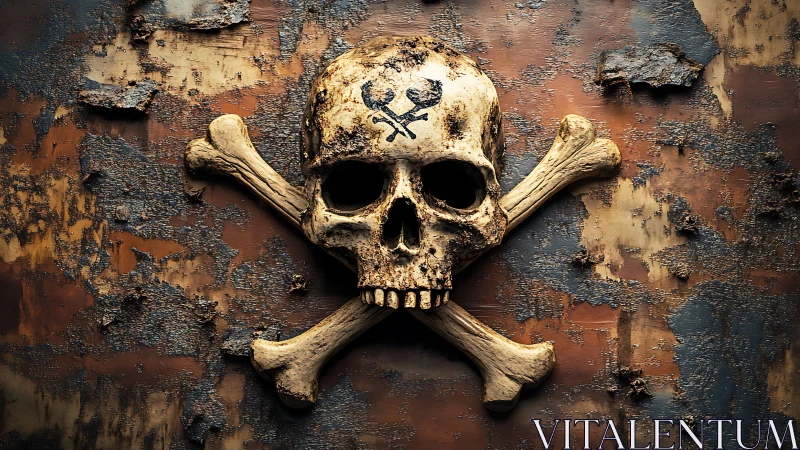 Weathered pirate skull emblem on rusted metal tempest wall.