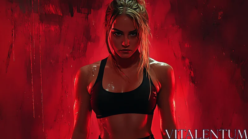 Sweaty female athlete stands against red painted background