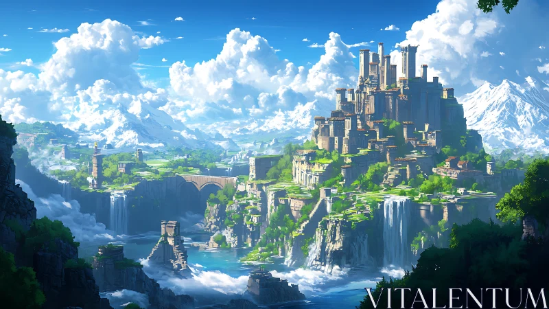 Terraced citadel complex above cascading alpine waterfalls.