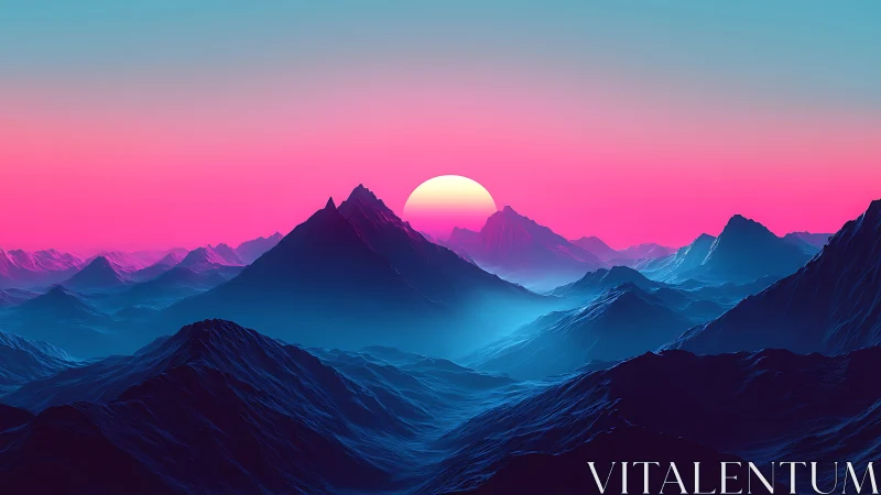 Neon twilight mountains cradle a glowing synthetic sunrise