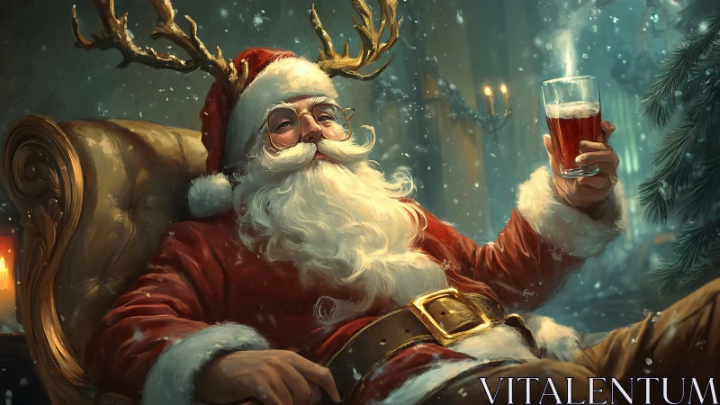 Relaxed Santa savors a steaming holiday drink by candlelight