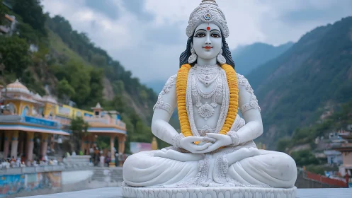 Photorealistic mountain-temple portrait of serene marble deity.
