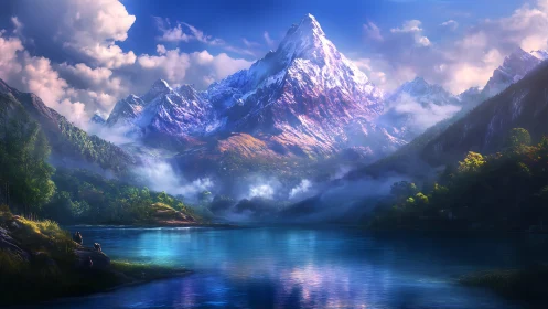 Majestic snow peak reflected over luminous alpine lake.