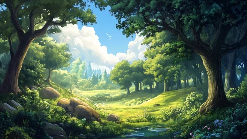 Sunlit Forest Valley with Ancient Trees and Stream Flow.