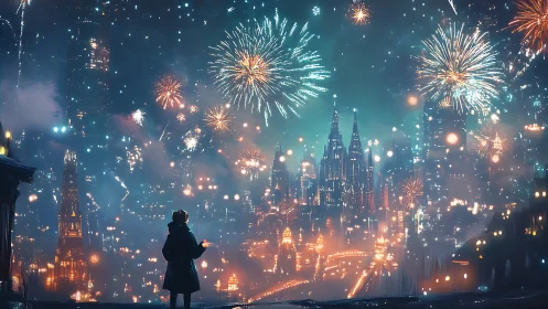 Firelit futuristic skyline viewed from solitary figure at dusk.