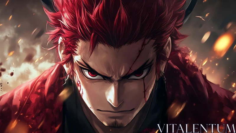 Fierce red‑haired warrior glares amid swirling embers.