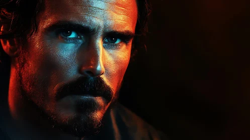 Cinematic male portrait uses dual-tone rim lighting and contrast